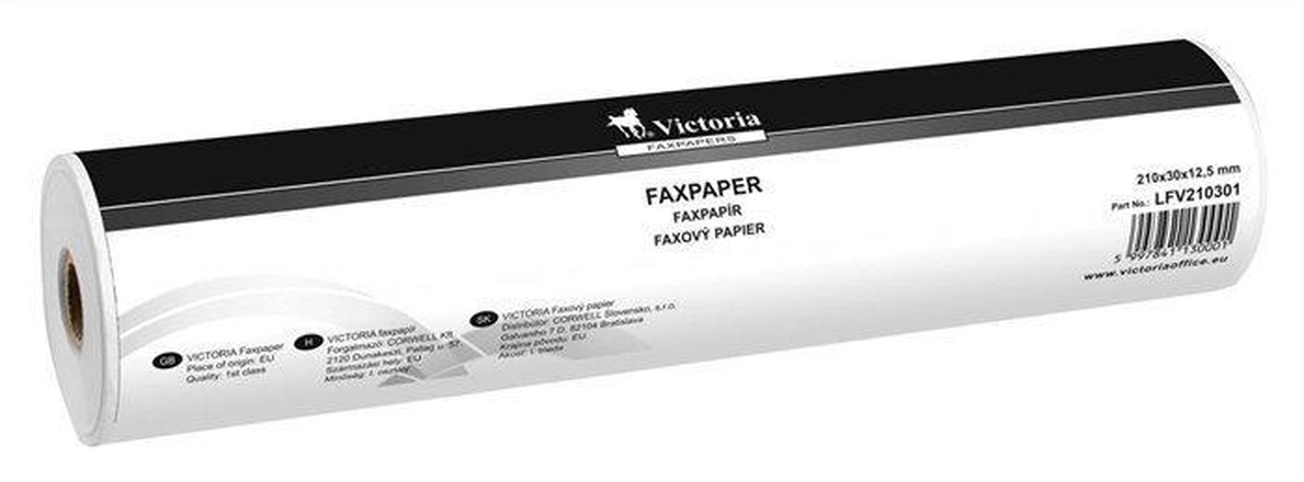 Papírenské zboží - Faxový papír, 210 mm x 30 m x 12,5 mm  (šířka x délka x vnitřní průměr), VICTORIA