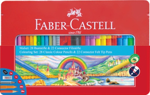 Papírenské zboží - Popisovače Connector + Pastelky, dárkové balení 50ks + příslušenství Faber Castell 155515