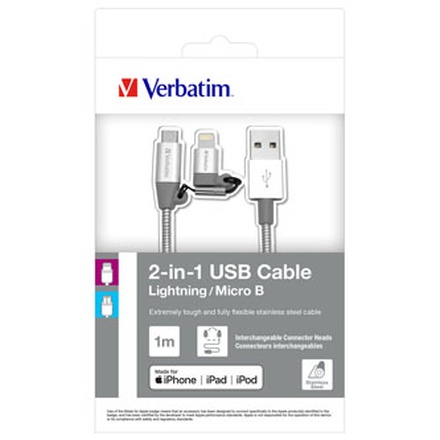 Papírenské zboží - Kabel USB (2.0), USB A M- USB micro M, 1m, 2 stříbrný, Verbatim, box, 48869, nastavitelná